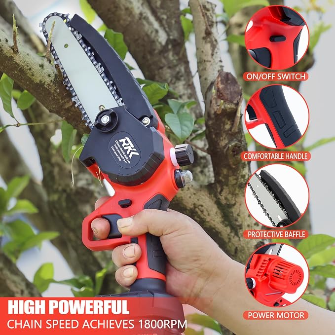 RKK Mini Chainsaw Cordless, 6 Inch + 8 Inch Portable Electric Chainsaw, Handheld Chain Saw with 2x Big Batteries Pruning Shears for Gardening, Courtyard, Household (MINI CHAINSAW + 2 Batteries)