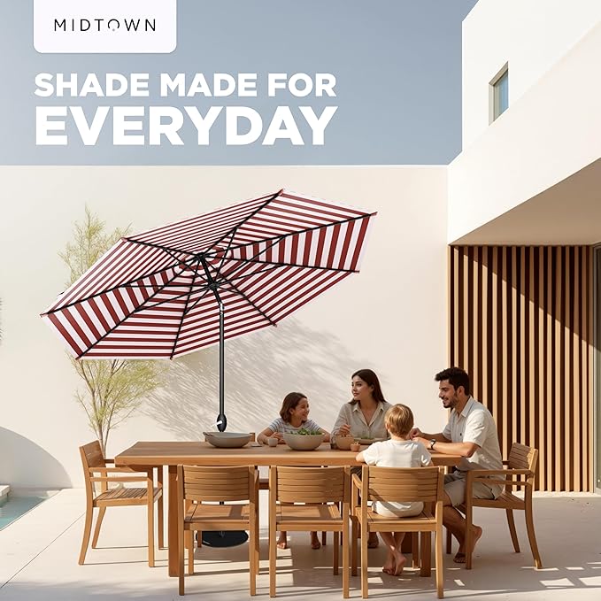 Midtown Umbrellas - 10-Year-No-Fade 10 Ft Patio Umbrella with Terylast Fabric, Auto-Tilt Aluminum Frame and 8 Reinforced Ribs for Deck, Pool, Garden & Beach - Red/White Stripes Canopy, Black Pole