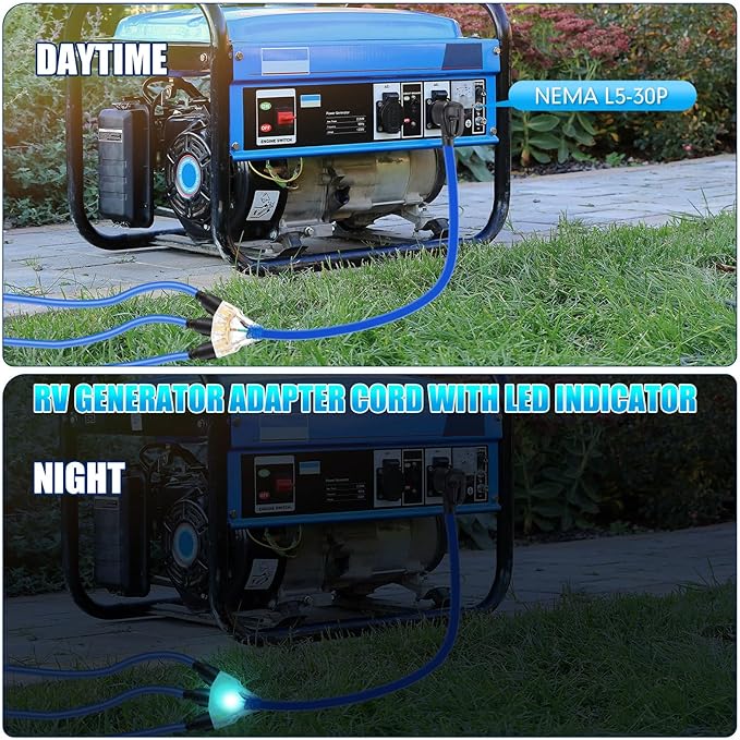 Tellegloww 10 FT Flat RV Generator Adapter Cord NEMA TT-30P to 3X 5-20R/5-15R, 30A to 110V 15/20 A Household Outlet Adapter, 10 Gauge Flat RV Generator Extension Cord, ETL Listed, Blue
