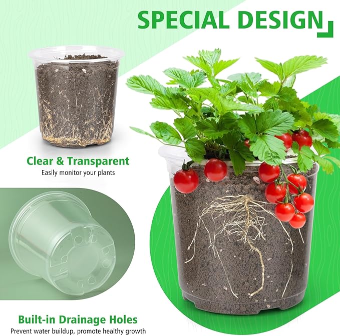 6 Inch Large Clear Nursery Pots with Drainage, 20 Pack Plastic Pots for Plants, Ideal Seedling Pots and Plant Pots for Vegetables, Orchids, Aloe, Indoor Outdoor Use (6 inch-20 Pack)