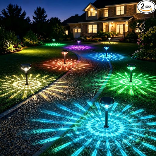 JNOEC 2Pack Solar Pathway Lights Outdoor, Color Changing+8 Fixed Color (Warm White, Cool White, Colored) Solar Lights Outdoor, Bright Solar Powered Garden Light