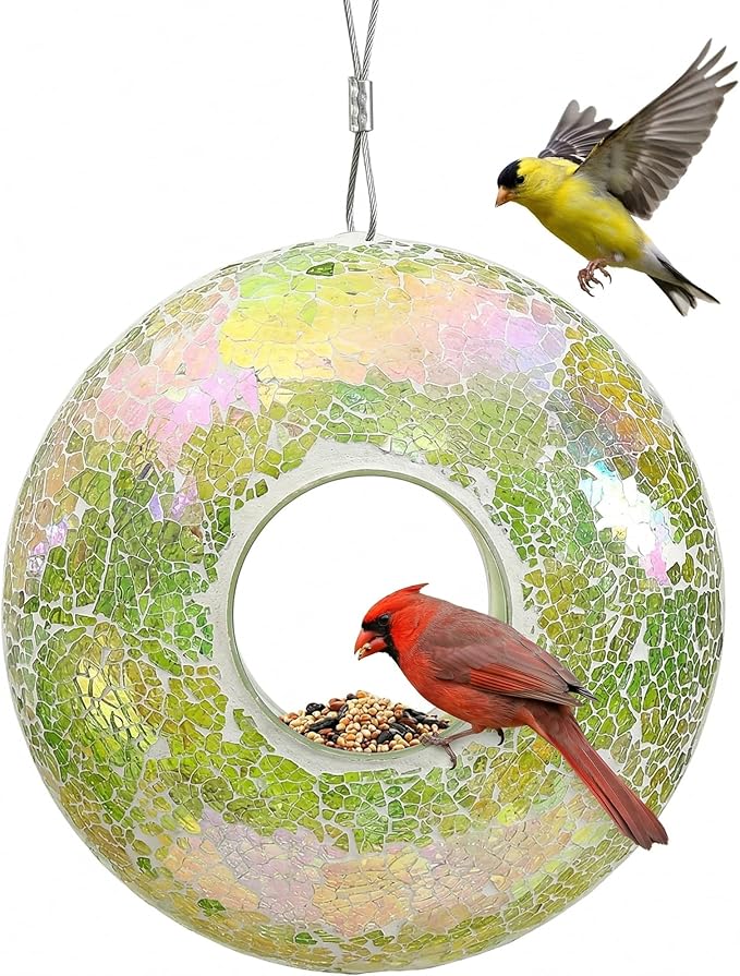 Fly Through Wild Bird Feeder Garden Hanging Bird Feeder Mosaic Circle for Outdoor Decoration,Green