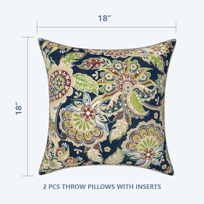 LVTXIII Outdoor Throw Pillows 18x18 Patio Waterproof Square Pillows with Piping Fade Resistant Accent Pillow for Spring Summer Garden Decoration, Set of 2, Paisley Sapphire Blue