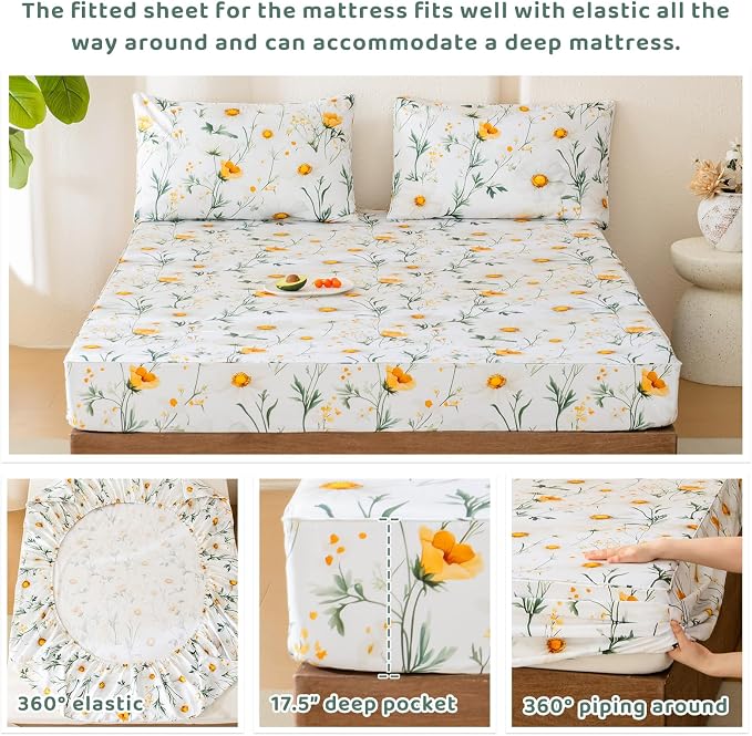 QSH 4PCs Green Floral Egyptian Cotton Sheets King Size,Yellow Platycodon Flowers Botanical Pattern Printed Bedding Sheets King Aesthetic Extra Soft and Breathable 17.5" Deep Pockets Bed Sheet