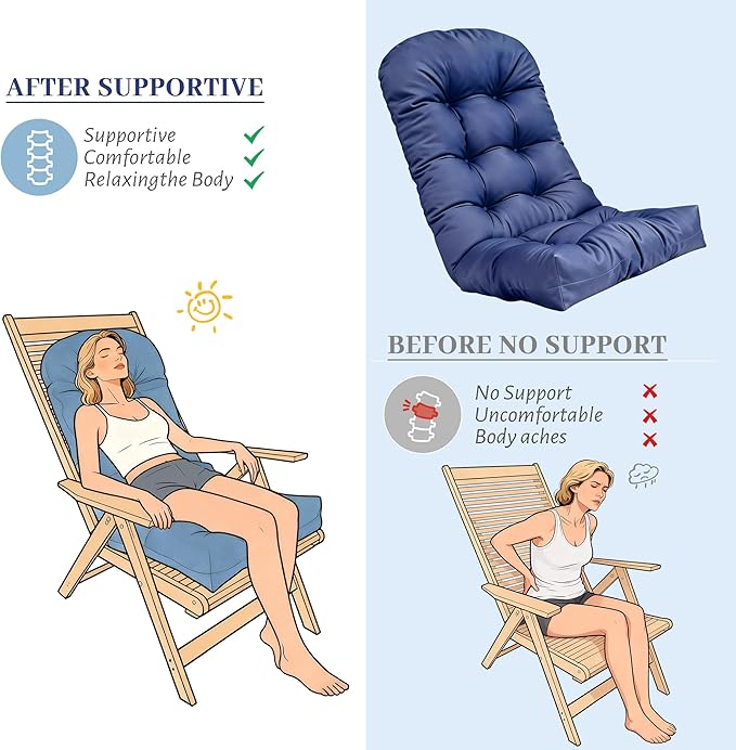 Rocking Chair Cushion Adirondack Chair Cushions with Non-Slip Ties, High Back Patio Chair Cushions,Fade-Resistant & Waterproof,Indoor/Outdoor Rocking Chair Pad for Living Room, Deck, Blue