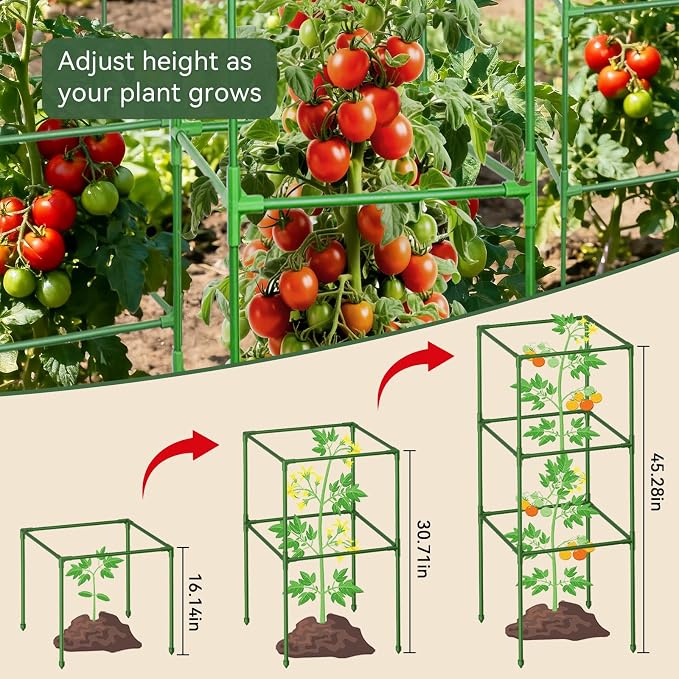 Halatool 4 Pack Square Tomato Cages for Garden, 45 Inch Heavy Duty Adjustable Metal Tomato Trellis for Climbing Plants – Green Plant Support Stakes for Vegetables Flowers Fruits&Raised Bed Outdoor