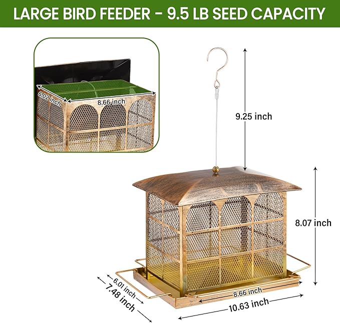 Large Bird Feeder, Heavy Duty Metal Bird Feeders for Outdoor Hanging, 9.5LB Seed Capacity Wild Birdfeeder for Outside Garden Decoration