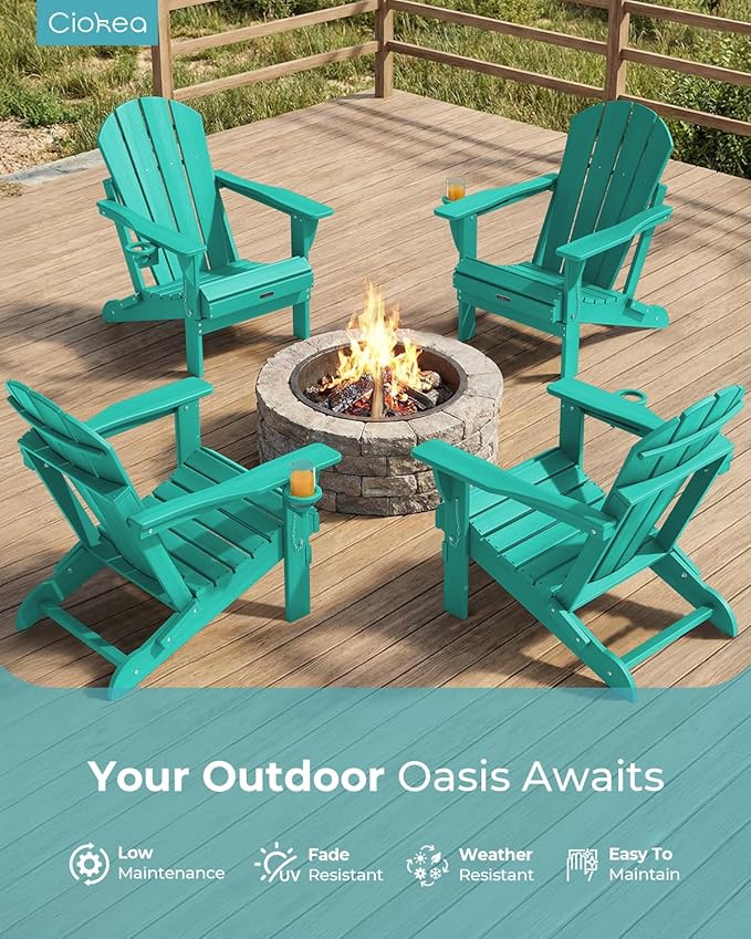 Ciokea Folding Adirondack Chair Wood Texture, Patio Adirondack Chair Weather Resistant, Plastic Fire Pit Chair with Cup Holder, Lawn Chair for Outdoor Porch Garden Backyard Deck (Lake Blue, 2Pack)