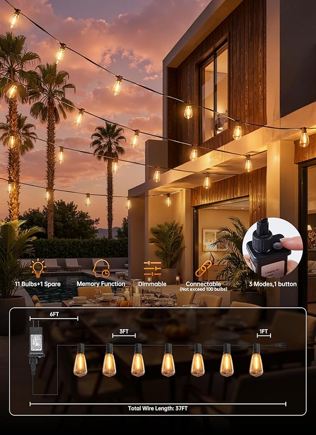 Minetom 37FT Outdoor String Lights with Remote, 11+1 Shatterproof ST38 LED Bulbs, Waterproof Patio Lights with 3 Modes, Dimmable & Connectable 2700K Hanging Lights for Backyard Porch Deck Balcony