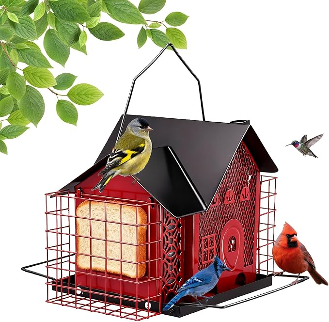 Outdoor Hanging Bird Feeder Large Capacity Durable and Sturdy Decorative Metal Bird Feeder Green and Black Two-Tone Waterproof Design with Sloped Tray Easy-Fill Wild Bird House (Red)