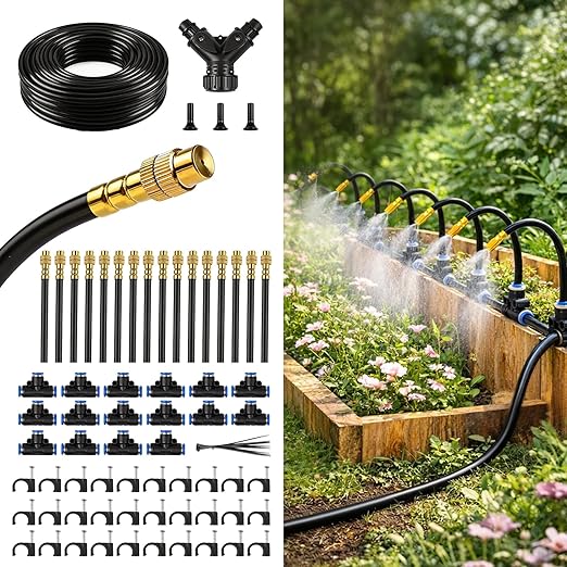 100FT Drip Irrigation Kit for Garden, 360° Adjustable Watering System with 1/4" Tubing, Brass Adjustable Misting Nozzles, DIY Irrigation System for Plants, Lawn, Greenhouse