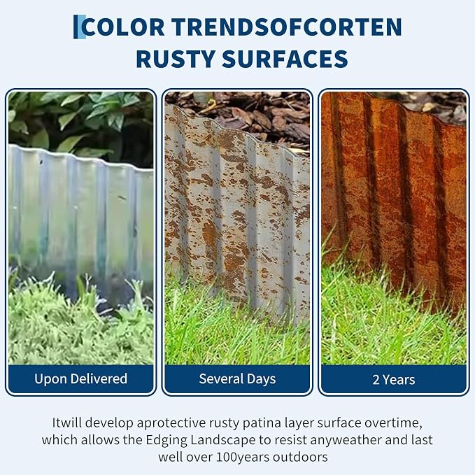 Corrugated Metal Garden Edging, 10" x20Ft Galvanized Steel Garden Edging Border, Landscape Paver Edge for Flower Beds Garden Lawn Raised Beds & Tree Surrounds Rusty