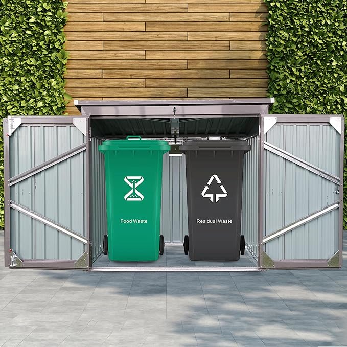 YOPTO 62" Garbage Bin Shed Stores 2 Trash Cans Metal Outdoor Storage,Stainless Galvanized Steel House with Sloped Roof & Lockable Door,Waterproof Cabinet Shelter for Patio,Lawn,Gray