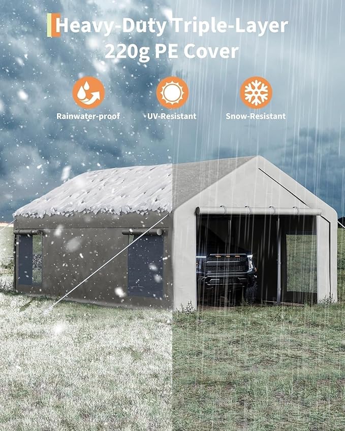 13X20FT Garage Tent Carports with Roll-Up Windows, Heavy Duty Portable Carport with Removable Sidewalls & Doors, Outdoor Portable Garage for Car,Truck,Boat