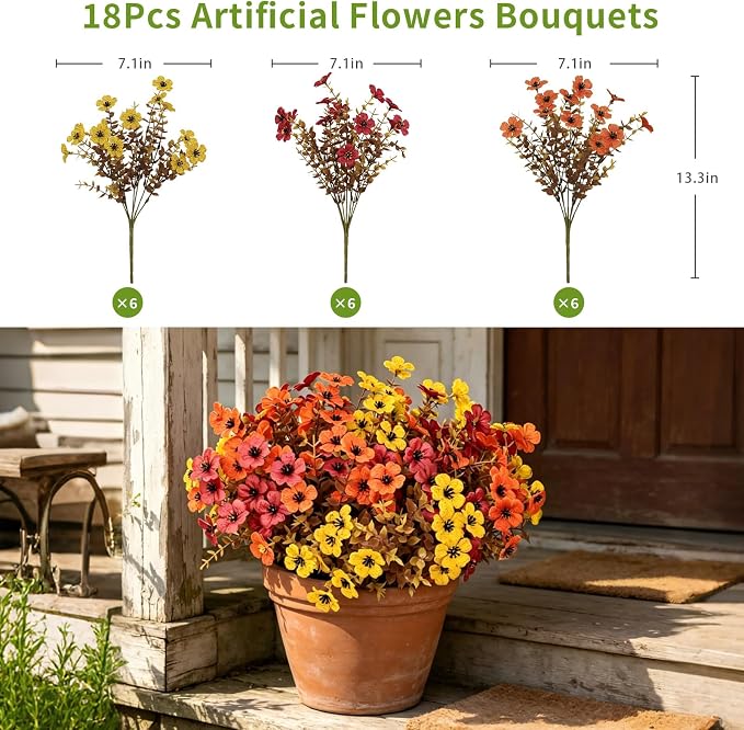 18 Bundles Artificial Fall Flowers for Outdoors, UV Resistant Fake Plants | Faux Silk Daisy Mums with Eucalyptus Stems for Outside Planters, Porch, Patio, Window Box, Garden and Farmhouse Decor