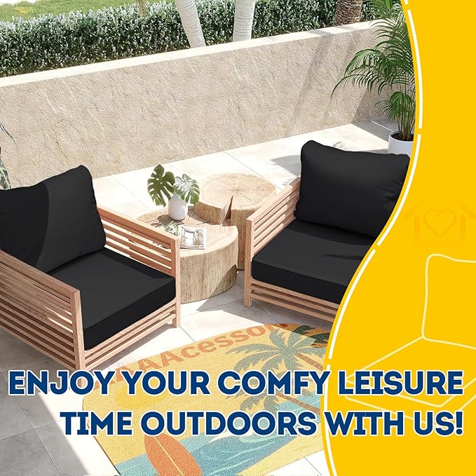 AAAAAcessories Outdoor Seat Cushions for Chairs, Fade-Resistant, Waterproof Patio Furniture Replacement Cushions, 25.5" x 25.5" x 5" + 25.5" x 19", Charcoal Black