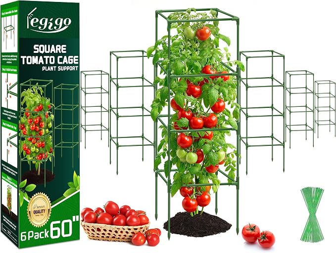 Legigo 6 Pack Square Tomato Cages- 60 Inch Heavy Duty Tomato Trellis for Climbing Plants Outdoor, Tomato Plant Support Stakes Cage Garden Trellis for Garden Raised Garden Bed Cucumbers Vegetables