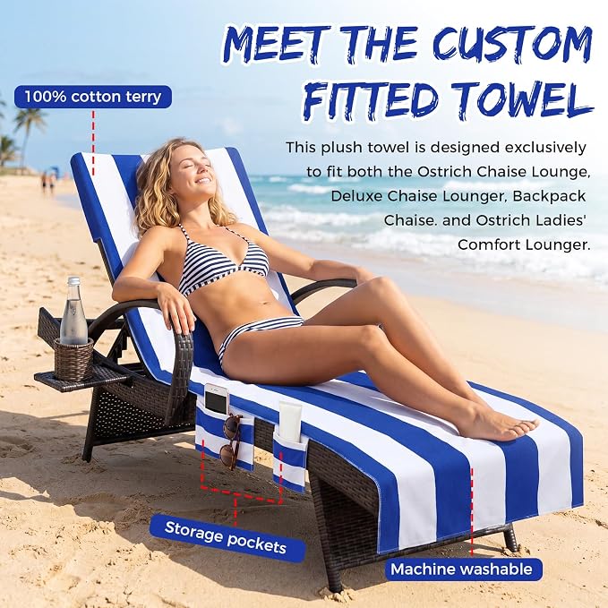 4 Pack Lounge Chair Towel Covers Striped Beach Chair Covers with Pockets Absorbent Microfiber Chaise Lounge Slipcover for Patio Pool Sun Lounger, 83 x 29.5 Inch
