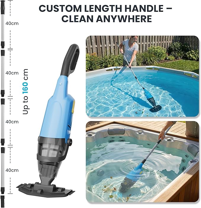 Handheld Pool Vacuum for Above Ground Pool, Cordless Pool Vacuum w/ 4-Section Pole, Pool Cleaner w/ 18 GPM & 90 Min, Ideal for Leaves Dirt Sand, Hot Tubs Spas Above Ground Pools Inground Pools, Blue