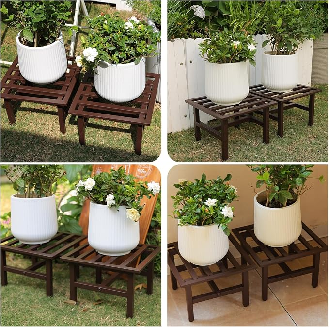 Heavy Duty Metal Plant Stand Outdoor, 330 lbs Wrought Iron Square Plant Stand Indoor, Rustproof Low Pedestal for Large Flower Pots, Patio, Balcony, Garden Decor 2 Pack Coffee