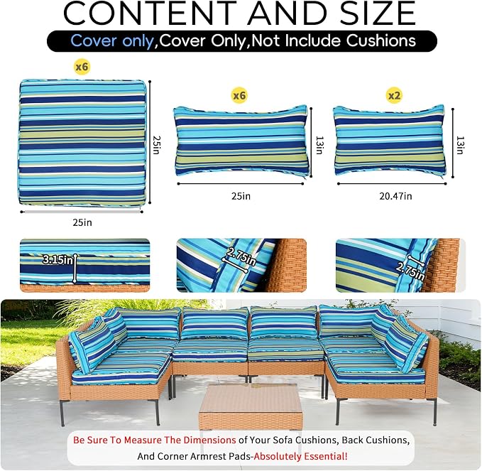14 Piece Outdoor Patio Cushion Covers Replacement Waterproof with Zipper for 6-Seater Sectional Couch Chair Patio Furniture Conversation Sofa Seat Cushions Slipcovers Set, Only Cover
