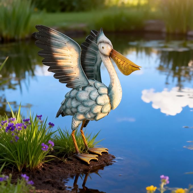 Metal Pelican Garden Statue, 18.5in Large Coastal Pelican Outdoor Yard Art Decor with Hand-Painted Blue & White Finish, Lifelike Bird Sculpture for Backyard Pond, Patio, Flowerbed or Home Decor