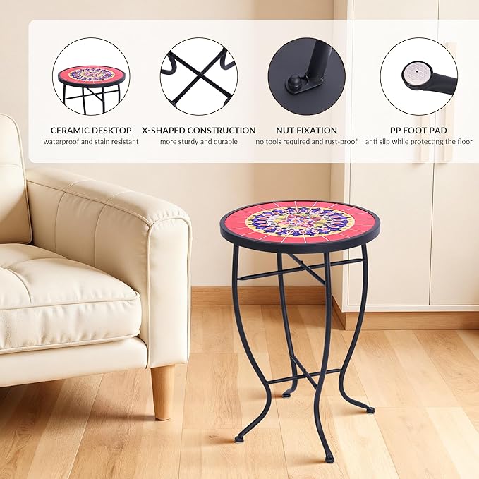 Elevon 14 Inch Round Side Ceramic Tile Top Indoor and Outdoor Accent Table, Sun