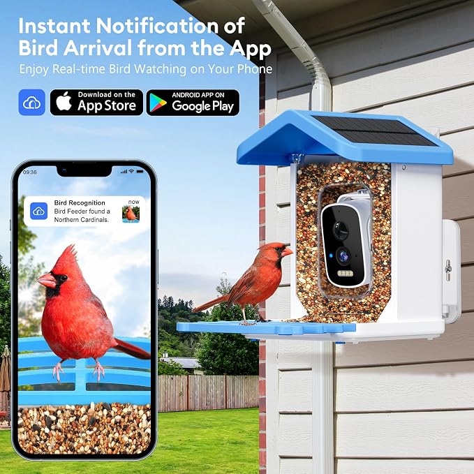 Smart Bird Feeder with Camera, AI Bird Species Identification Solar Powered Panel, 2.5k HD Video Bird House with Camera for Outside Garden, Ideal Gifts for Lover, Father's Day, Blue