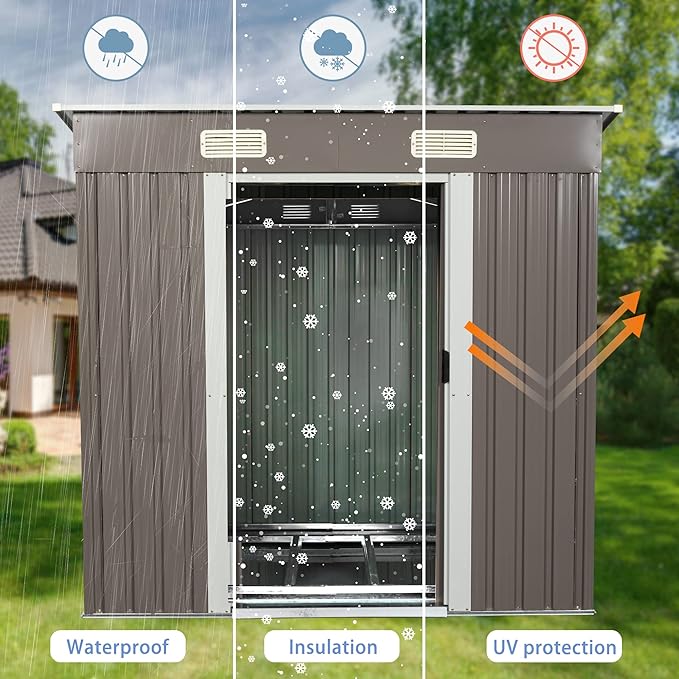 6 x 4 FT Outdoor Metal Storage Shed with Punched Vents,Heavy Duty Storager House w/Sliding Doors & Padlock,Large Waterproof Tool Sheds for Garden,Backyard,Lawn,Easy to Assemble,Grey