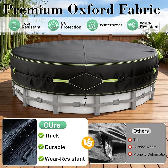 16Ft Round Pool Cover for Above Ground Pools, Safety Solar Pool Covers with Reflective Strips, Rope and Luminous Nails, Upgraded Thicker Oxford, PU Tarp Snug, UV Protected, Windproof, Tear Resistant