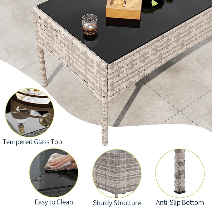 GAOMON 4-Piece Patio Furniture Set, Modern PE Rattan Conversation Set with 2 Chairs, Loveseat & Tempered Glass Coffee Table, All-Weather Outdoor Seating for Garden, Porch, Balcony, Poolside