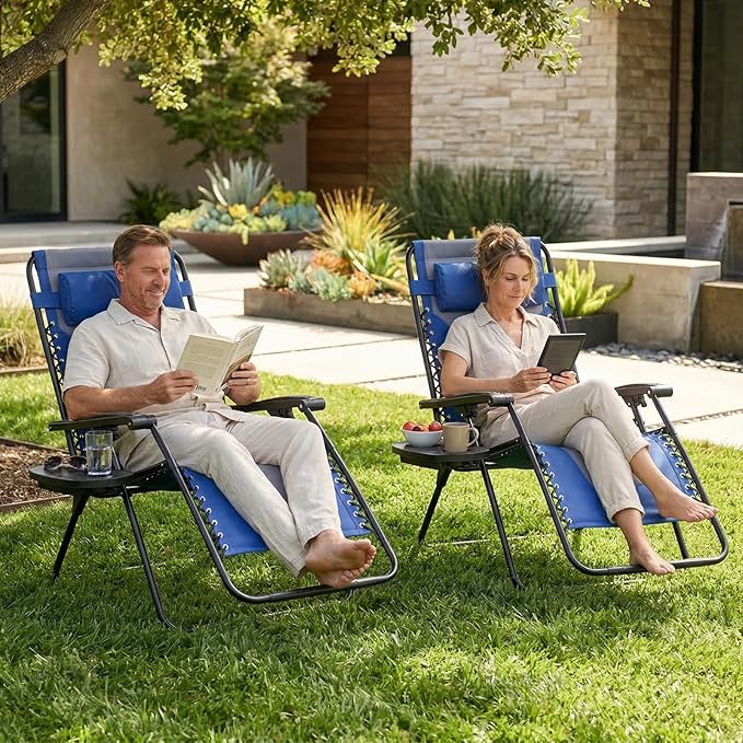 Sweetcrispy Zero Gravity Chairs, Foldable Patio Reclining Chairs with Adjustable Pillow & Cup Holder, Oversized Portable Support 400 lbs, for Backyard Camping(Blue-Gray)