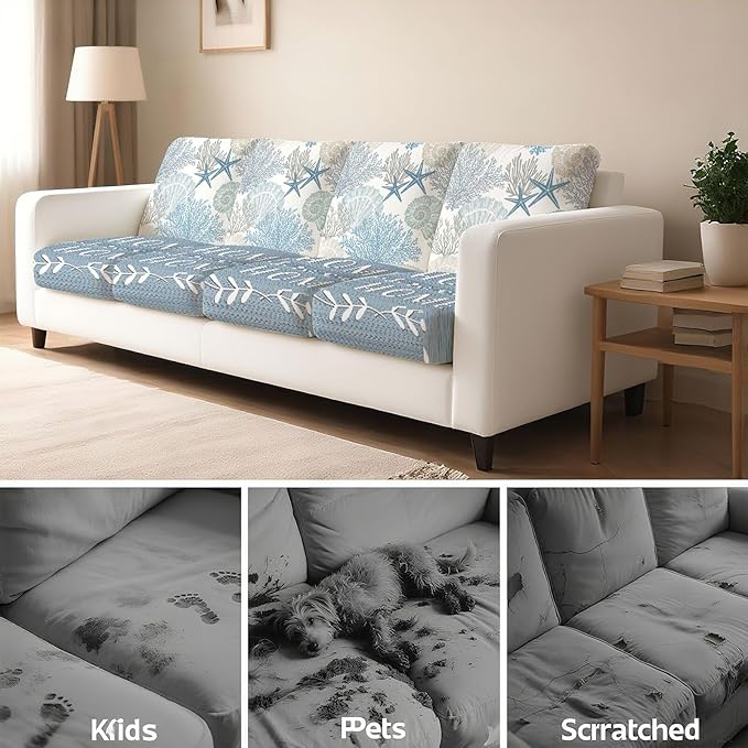 8 Pcs Patio Sofa Cushion Cover Blue Sea Outdoor Stretch Sofa Seat Cushions Cover Coastal Beach Replacement Couch Chair Slipcover Flexibility (Sea)