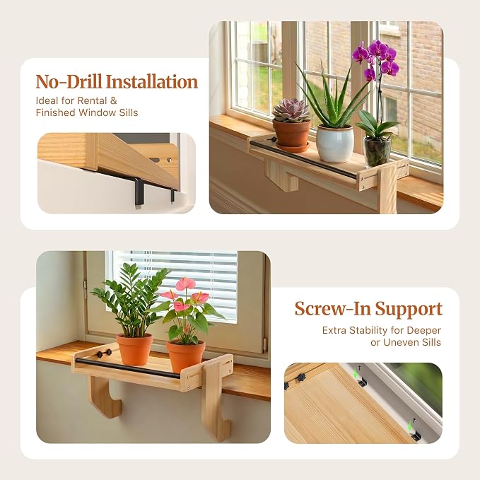 THYGIFTREE Window Sill Plant Shelf Extender, No Drill Adjustable Windowsill Shelf for Plants, Renter Friendly Window Shelf for Indoor Plants, Solid One-Piece Board, Holds Up to 30 lbs