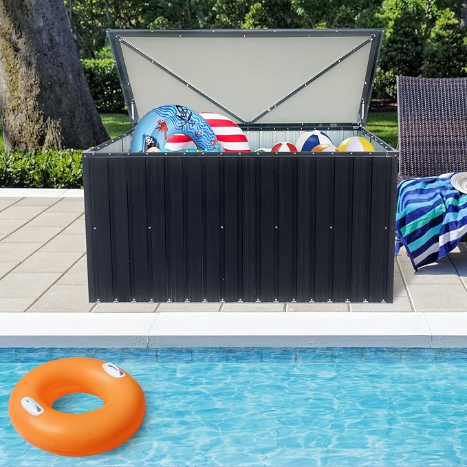 215 Gallon Outdoor Deck Box,Waterproof Lockable Metal Storage Container for Patio Cushions Gardening Tools and Pool Toys black One size