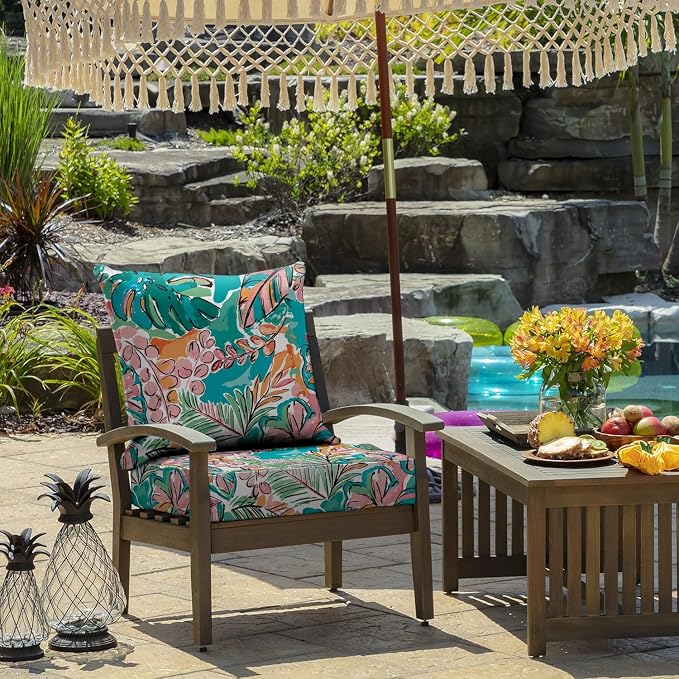 All Smiles Waterproof Outdoor Seat Cushions for Patio Furniture Set of 22x22 Inch for Replacement Cushions with Removable Cover for Chair Yard Garden Deck，Pink and Teal