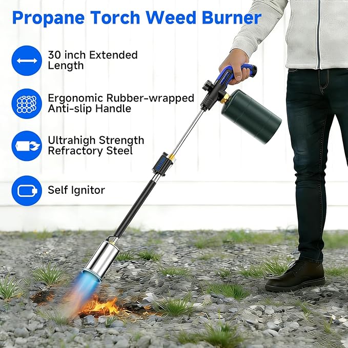 Propane Torch Weed Burner, Ergonomic Handle Weed Torch Flamethrower, 30" Long Arm Heavy Duty Blow Torch For Weeding, Fire Starting, Wood DIY(PROPANE TANK NOT INCLUDED)