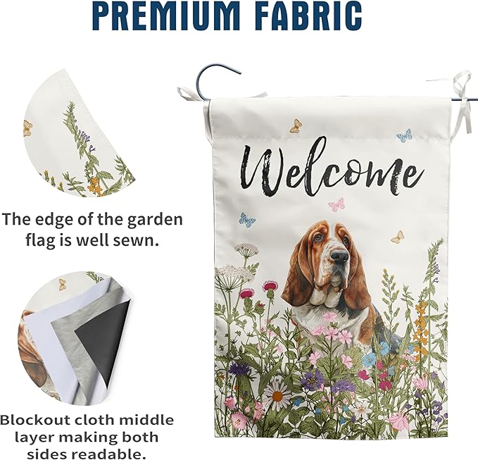 Floral Basset Hound Garden Flag Spring Summer House Flags 28 x 40 Double Sided Flower Dog Yard Flags for Outside Large Outdoor Welcome Flags