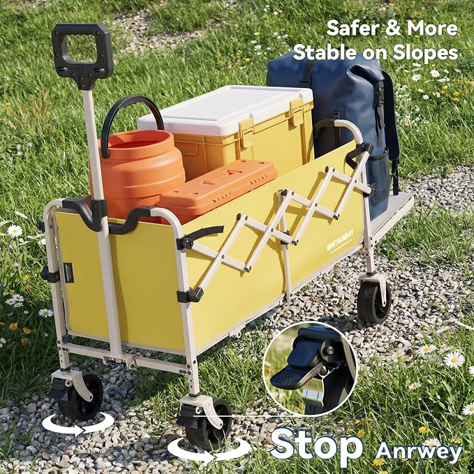 Collapsible Folding Wagon Cart, Heavy Duty Utility Wagons with Tailgate & Wheels,Portable Utility Cart for Camping,Garden,Beach,Sports Yellow
