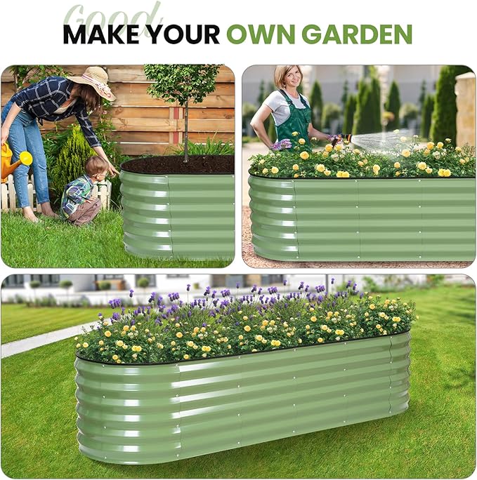 G GOOD GAIN Raised Garden Beds - 6x2x1.4ft Galvanized Planter Boxes Kit with Protective Tape & Gloves & Tools | Oval Metal Outdoor Raised Bed for Gardening Vegetables, Fruits, Flowers, Herbs, Oliver