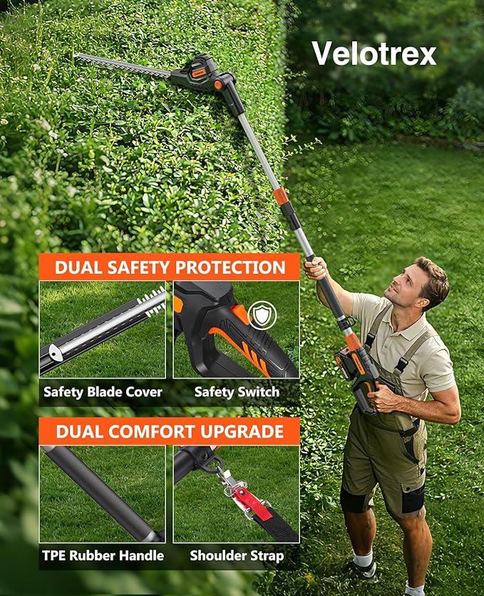 Pole Hedge Trimmer Cordless with 2 x 2000mah Batteries, 12 Ft Reach Tall HedgeTrimmer for Yard and Garden, Hedge Trimmer with Extension Pole of 7 Ft for Tall Hedge and Branches Pruning