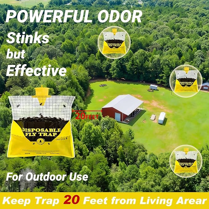 Glovv Fly Traps Outdoor Hanging with Bait, 6 Pack Disposable Flies Bags Hunter Ranch Trap, Control Bug Catcher Killer Repellent for Stable Horse Barn & Farm