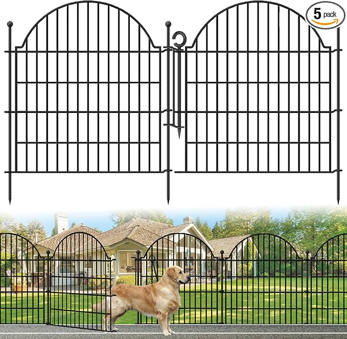 Blingluck Decorative Metal Garden Fence with Gate Lock 5 Panels, 32in (H) x 11.8ft (L) No Dig Dog Fence Outdoor for Yard, Temporary Rustproof Metal Wire Rabbit Dog Garden Border Fencing for Patio