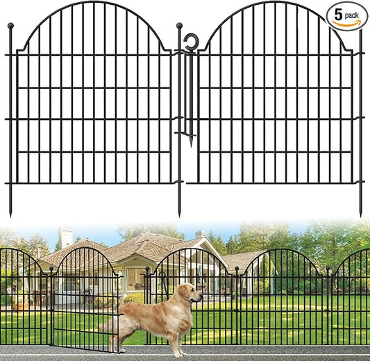 Blingluck Decorative Metal Garden Fence with Gate Lock 5 Panels, 32in (H) x 11.8ft (L) No Dig Dog Fence Outdoor for Yard, Temporary Rustproof Metal Wire Rabbit Dog Garden Border Fencing for Patio