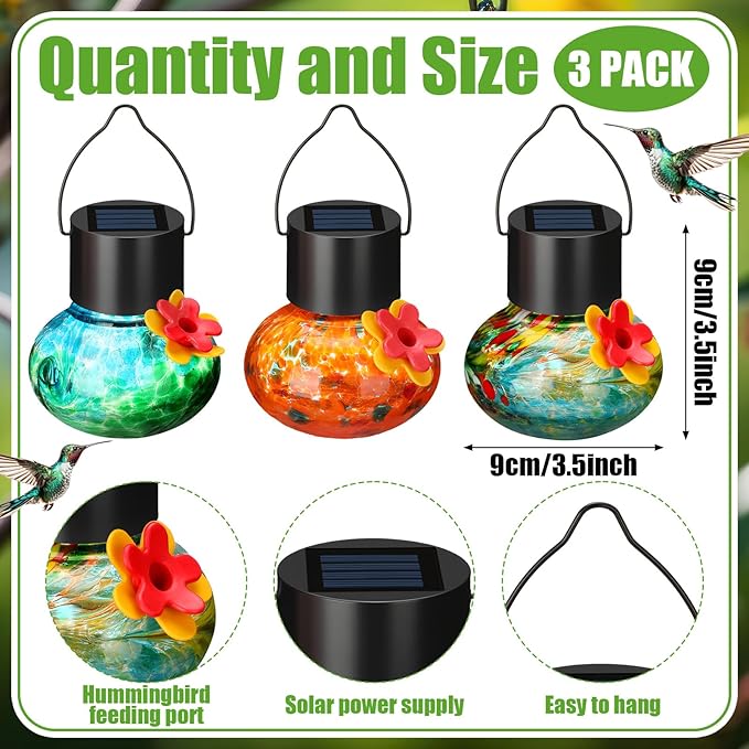 Nuogo 3 Pcs 3.54 Inch Blown Glass Hummingbird Feeders Solar Powered Hummingbird Feeder with LED Light for Garden Outdoors Window Decor Valentine Hanging Gifts Ant and Bee Resistant(Classic Colors)