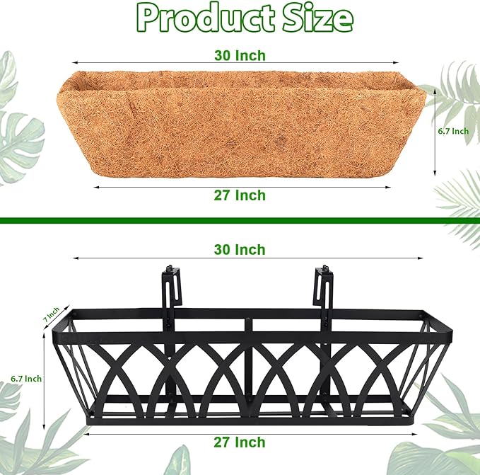 LCHUANG Deck Railing Planter Window Box - 2 Pack 30 Inch Deck Balcony Rail Planter with Coconut Coir Liner, Fence Metal Hanging Flower Planter Basket Deck Railing Planter Boxes for Outdoor Lawn