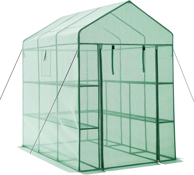 VEVOR Walk-in Greenhouse, 54" x 81.1" x 77.2" Greenhouse for Outdoors with Windows, PE Cover, 2 Tiers 14 Shelves, Roll-Up Zipper Door, Walk in Green House, Portable Plant Garden Hot House for Backyard