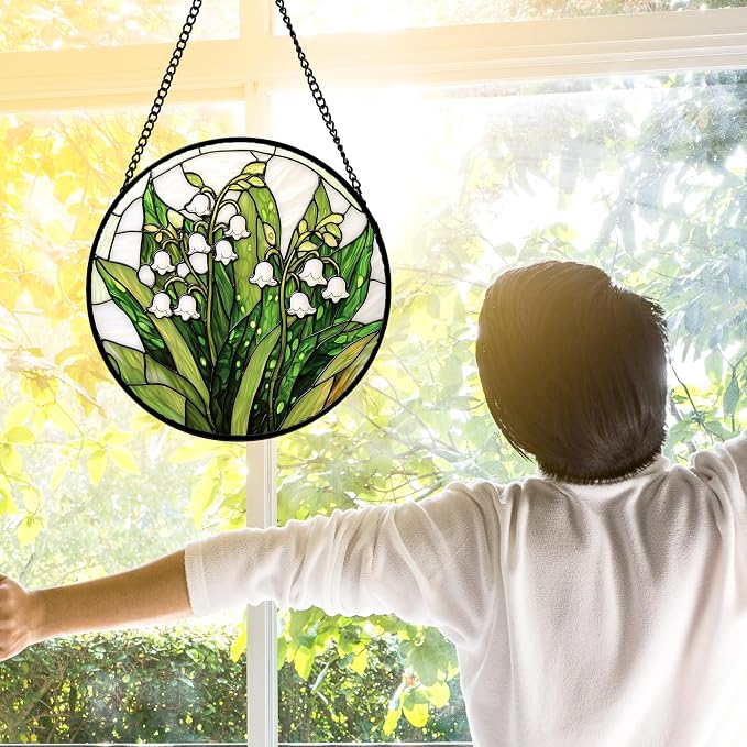 DASTOLL Stained Glass Window Hanging, Lily of the Valley Flower Sun Catchers Colorful Glass Panel Green Plants Suncatcher Decor for Birthday for Women, Men,Wife, Lovers, and Mom 9.8 in