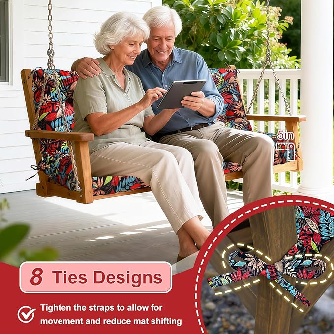 Porch Swing Cushions Outdoor 70 inch x 40 Waterproof Swing Cushions 3 Seater Replacement with Backrest & 8 Ties 5" Thick Bench Swing Cushions for Outdoor Furniture Patio(Red Leaves)
