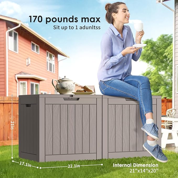30 Gallon Deck Box, Waterproof Resin Outdoor Storage Box Lockable for Patio Furniture, Fade Resistant Patio Side Table & Organizer for Garden Tools, Pool Floats, Outdoor Cushions, Light Coffee